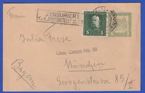 Österreich 1917 GA Zensierte Feldpostkarte mit Zufrankatur nach München