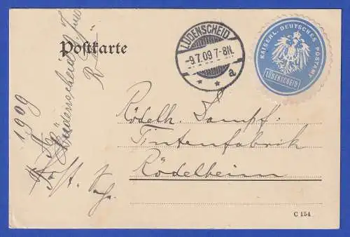 Dt. Reich 1909 Postalisches Dienstsiegel auf portofreier Postkarte O LÜDENSCHEID