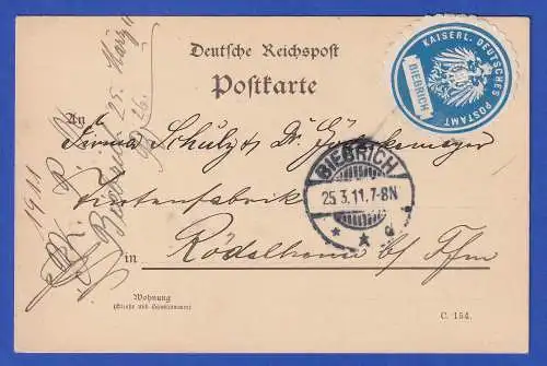 Dt. Reich 1911 Postalisches Dienstsiegel auf portofreier Postkarte O BIEBRICH