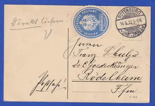 Dt. Reich 1912 Postalisches Dienstsiegel auf portofreier Postkarte O ROTENBURG