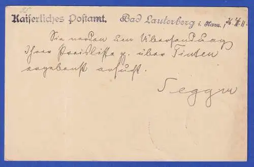 Dt. Reich 1911 Postalisches Dienstsiegel auf portofreier Postkarte O LAUTERBERG