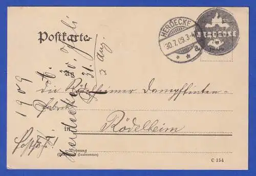 Dt. Reich 1909 Postalisches Dienstsiegel auf portofreier Postkarte O HERDECKE