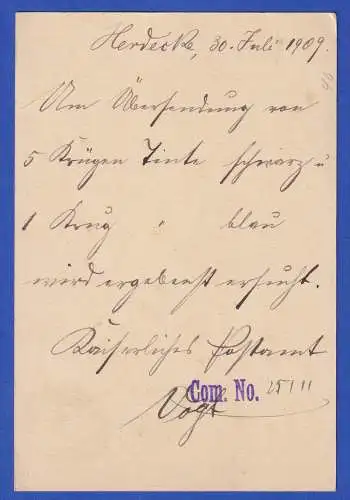 Dt. Reich 1909 Postalisches Dienstsiegel auf portofreier Postkarte O HERDECKE