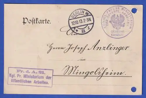 Dt. Reich 1913 Ministeriales Dienstsiegel u. Dienstporto-O a. Postkarte O BERLIN