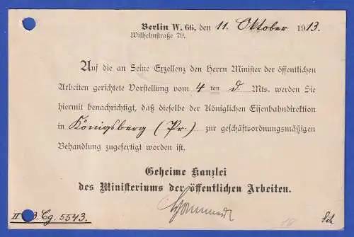 Dt. Reich 1913 Ministeriales Dienstsiegel u. Dienstporto-O a. Postkarte O BERLIN