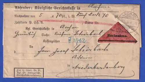 Dt. Reich 1918 Gerichtliche Nachnahme O AACHEN gelaufen nach Niederbardenberg