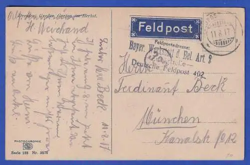 Dt. Reich 1917 Feldpost-Karte nach München AK Großer Garten in Dresden 