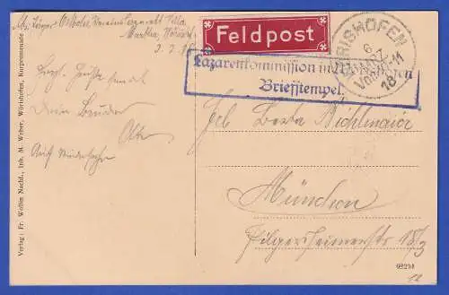 Dt. Reich 1918 Feldpost-Karte nach München O LAZARETTKOMMISSSION Wörishofen