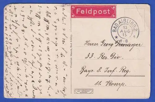 Dt. Reich 1915 Feldpost-Karte an Bayer. 8. Infanterie-Regiment AK Bad Aibling