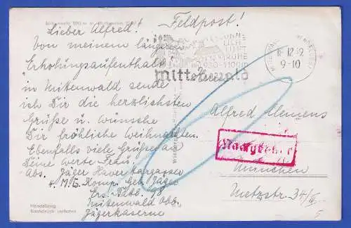 Feldpost-Karte 2. WK 1939 AK MITTENWALD mit Nachgebühr-O, Ortswerbe-O MITTENWALD