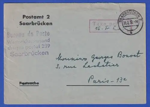 Saaland 1952 Brief mit rotem O Taxe percue und O SAARBRÜCKEN nach Paris