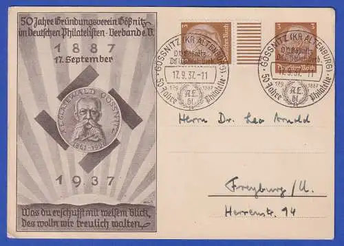 Dt. Reich 1937 Gedenkpostkarte So.-O GÖSSNITZ 50 Jahre Philatelie