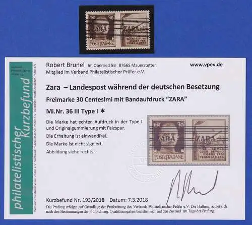 Dt. Besetzung  2.WK Zara Mi.-Nr. 36 III Type I ungebraucht * KB BRUNEL VPP