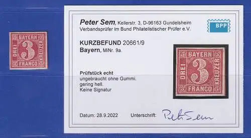 Bayern 3 Kreuzer rot Mi.-Nr. 9a (*) Kurzbefund SEM BPP