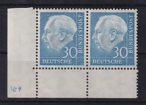 Bundesrepublik 1954 Theodor Heuss 30 Pfg. Mi.-Nr. 187x Eckrandpaar UL **