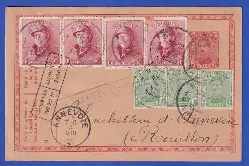 Belgien 1920 GA Eil-Postkarte mit Zufrankatur von Namur nach Annevoie-Rouillon