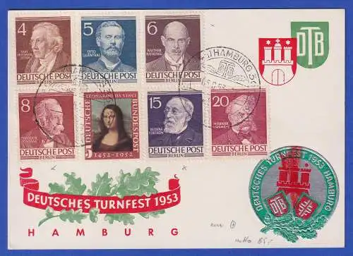 Berlin 1953 Mi.-Nr. 91-94, 96-97 u.a. auf Souvenir-Karte Turnfest So.-O HAMBURG 