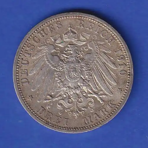 Preußen Silbermünze 3 Mark Kaiser Wilhelm II. 1910 ss-vz