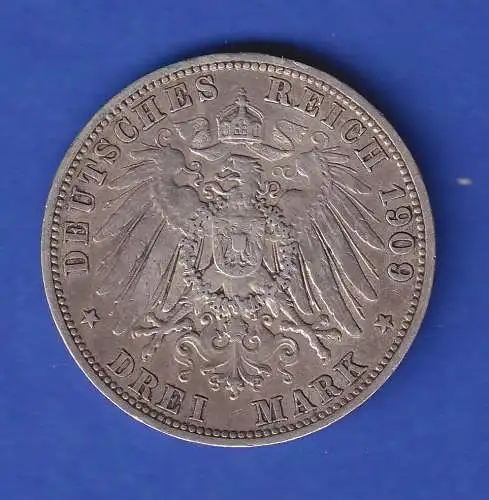 Preußen Silbermünze 3 Mark Kaiser Wilhelm II. 1909 ss-vz