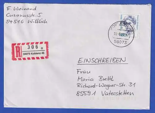 Bund 1993 Mi.-Nr. 1614 als EF auf R-Brief O KOBLENZ nach Vaterstetten