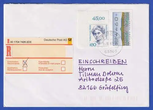 Bund 1997 Mi.-Nr. 1614 Eckrandstück u.a. in MiF auf R-Brief O DREIEICH 