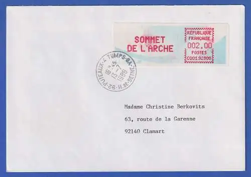 Frankreich 1989 Sonder-ATM SOMMET DE L'ARCHE 2,00 auf FDC mit Tages-O 13.7.89