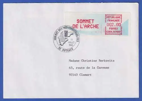 Frankreich 1989 Sonder-ATM SOMMET DE L'ARCHE 2,00 auf FDC mit Sonder-O 13.7.89