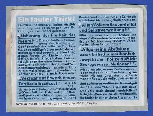 Dt. Reich Propaganda-Vignette "Parole der Woche" Nr. 36/1941 auf Briefstück