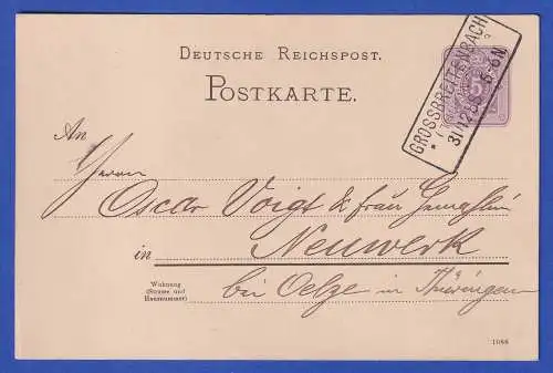 Dt. Reich GA Postkarte Mi.-Nr. P18 I mit Kasten-O GROSSBREITENBACH 1888