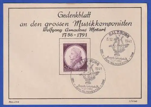 Dt. Reich 1941 Mozart Mi.-Nr. 810 mit So.-O SALZBURG auf Gedenkblatt