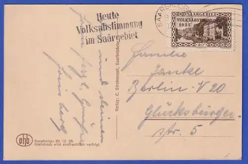 Saargebiet Volksabstimmung Mi.-Nr. 184 O SAARBRÜCKEN 13.1.35 auf Bild-Postkarte