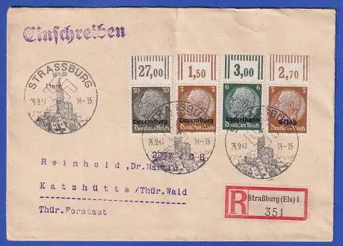 Dt. Besetzg. Lothringen 4 Oberrandstücke in MiF auf R-Brief O STRASSBURG 1941