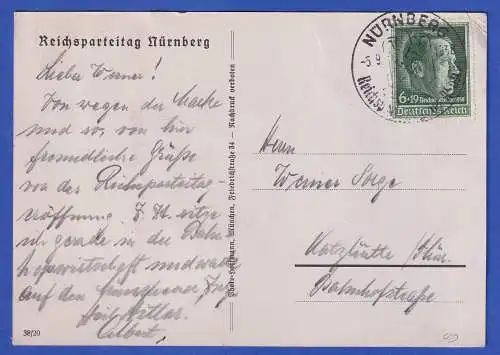 Dt. Reich 1938 Hitler Mi.-Nr.672 mit So.-O NÜRNBERG a. Postkarte Reichsparteitag