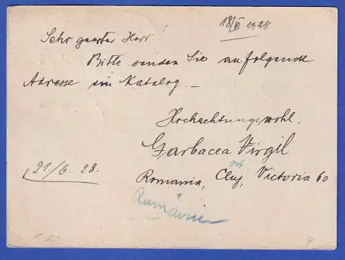 Rumänien GA Postkarte Mi.-Nr. P80 mit Zufrankatur O CLUJ 1928