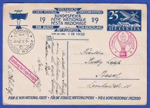 Schweiz Luftpost-GA Postkarte Bundesfeier Mi.-Nr. P136/02 mit Ballonpost-O 1929