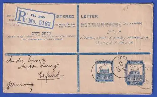 Britisches Mandat Palästina GA R-Brief-Umschlag mit Zufrankatur O TEL AVIV 1929