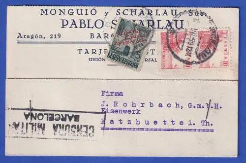 Spanien Zensierte private Postkarte O BARCELONA gelaufen nach Katzhütte 1939