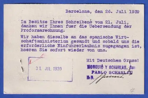 Spanien Zensierte private Postkarte O BARCELONA gelaufen nach Katzhütte 1939