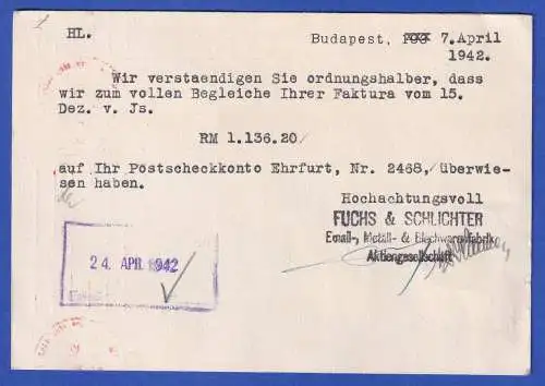 Ungarn Zensierte Geschäftliche Postkarte O BUDAPEST 1942 gelaufen nach Katzhütte