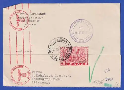 Griechenland Zensierte Postkarte O ATHEN 1940 gel. nach Katzhütte