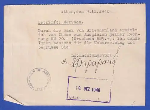 Griechenland Zensierte Postkarte O ATHEN 1940 gel. nach Katzhütte