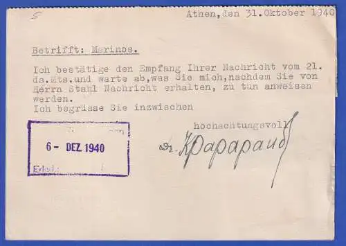 Griechenland Zensierte Postkarte O ATHEN 1940 gelaufen nach Katzhütte/Thüringen