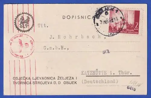 Kroatien Zensierte Postkarte O OSIJEK 1942 gelaufen nach Katzhütte/Thüringen