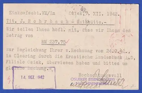 Kroatien Zensierte Postkarte O OSIJEK 1942 gelaufen nach Katzhütte/Thüringen