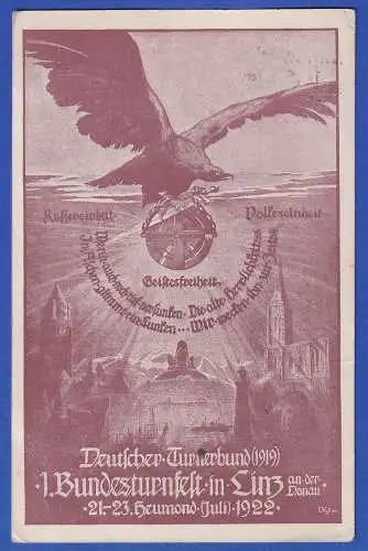 Österreich Postkarte Deutsches Turnfest Linz 1922 mit So.-O LINZ gel. nach Bruck