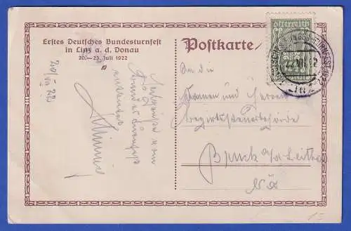 Österreich Postkarte Deutsches Turnfest Linz 1922 mit So.-O LINZ gel. nach Bruck