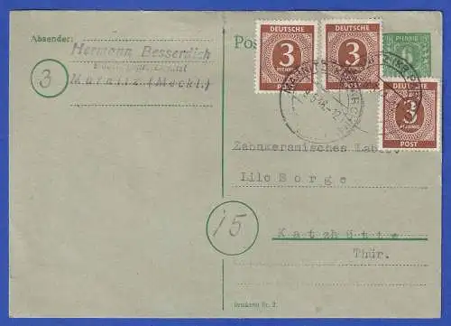 SBZ Mecklenb.-Vorpommern GA Postkarte Mi.-Nr. P6c mit Zufrankatur O MARNITZ 1946