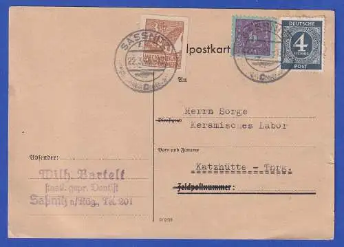 SBZ Mecklenburg-Vorpommern 1946 Mi.-Nr. 29y u.a. in MiF auf Postkarte O SASSNITZ