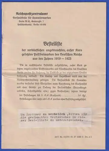 Reichspostzentralamt 1937 Bestelliste für erhältliche Marken der Inflationszeit 