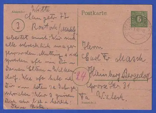 SBZ Mecklenburg-Vorpommern GA Postkarte Mi.-Nr. P6d O SEESTADT ROSTOCK 1946